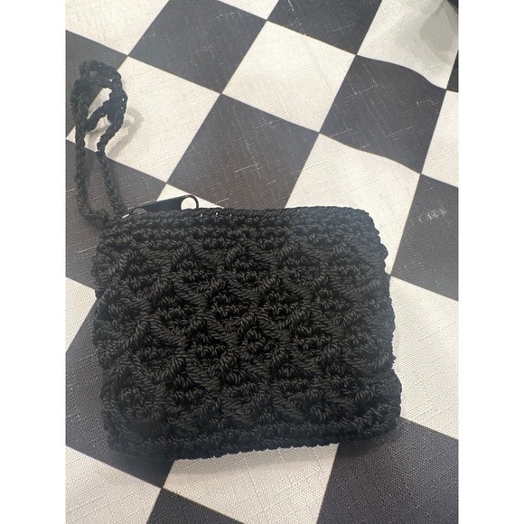 Handbags - Black Crochet Small Pouch Coin Purse Zipper Wristlet Strap Handmade handbag